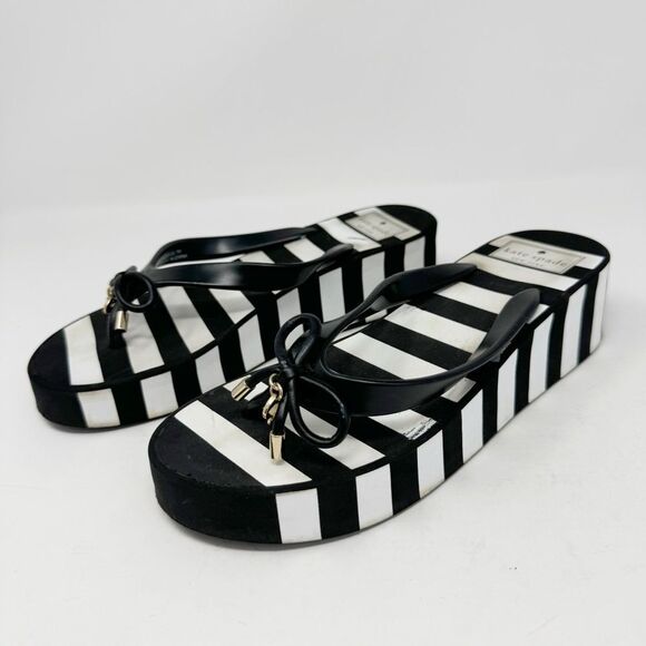KATE SPADE | Rhett Striped Black/White Wedge Flip Flops Sandals Women’s Size 7 - Picture 3 of 15